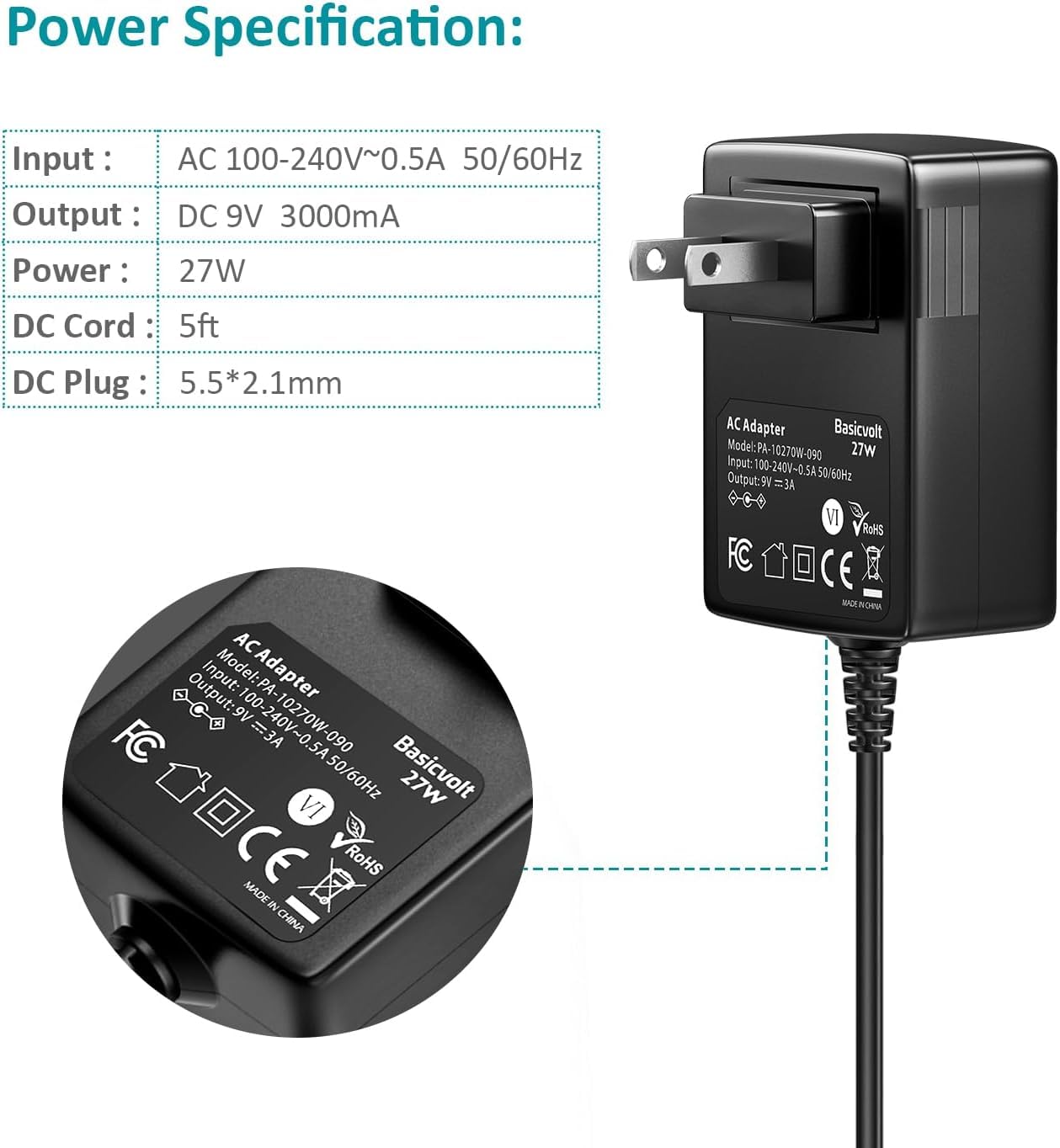 Basicvolt 9V 3A 2.5A 2A 1A AC DC Power Adapter 27W 9V 3000mA 2500mA 2800mA Power Supply Cord Wall Charger for 9 Volt Electronics 3Amp Max