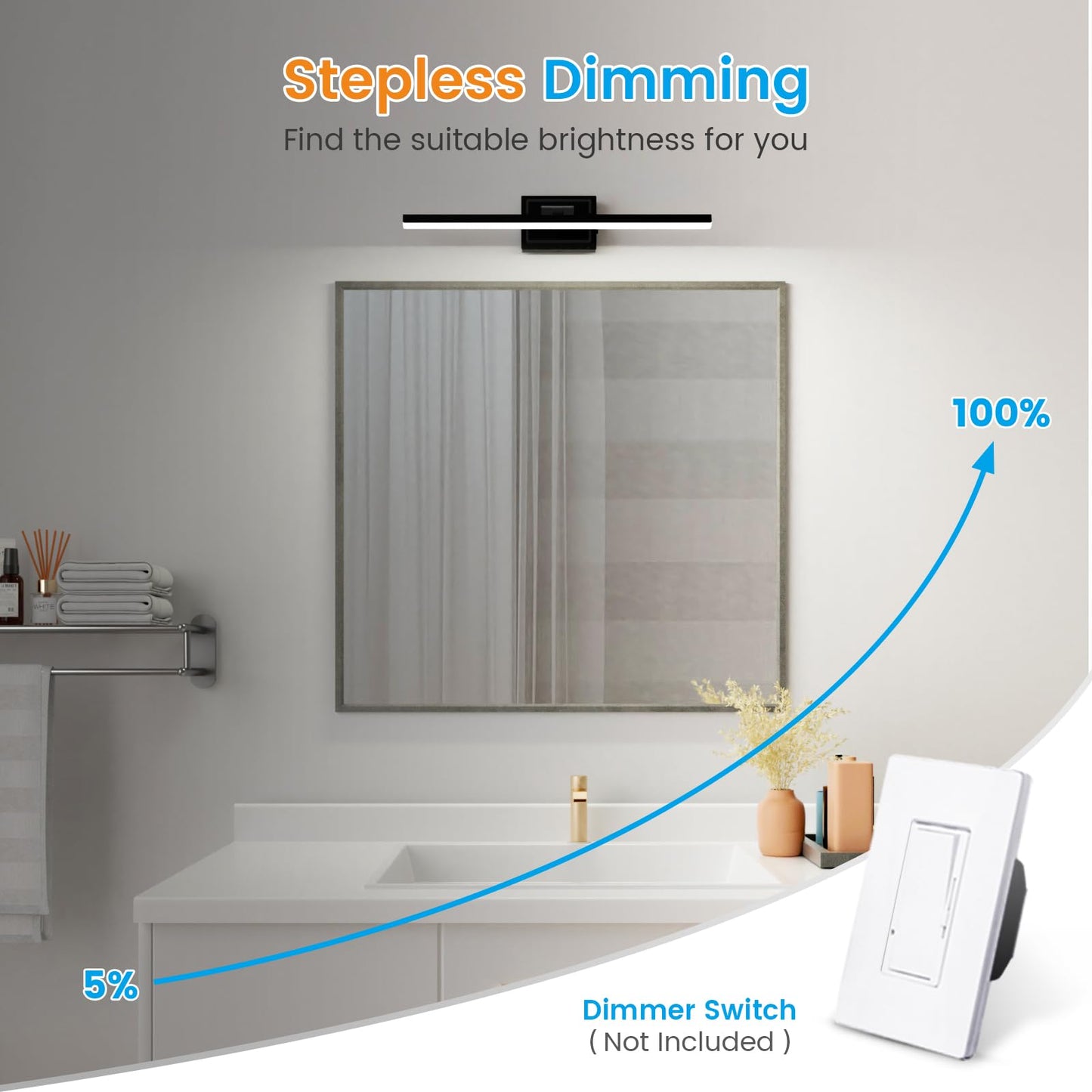 VOLISUN Modern Bathroom Vanity Light 24 inch, Rotatable, 14W Dimmable 5CCT Led Bathroom Light Fixture Over Mirror, Black Bar Vanity Light for Bathroom