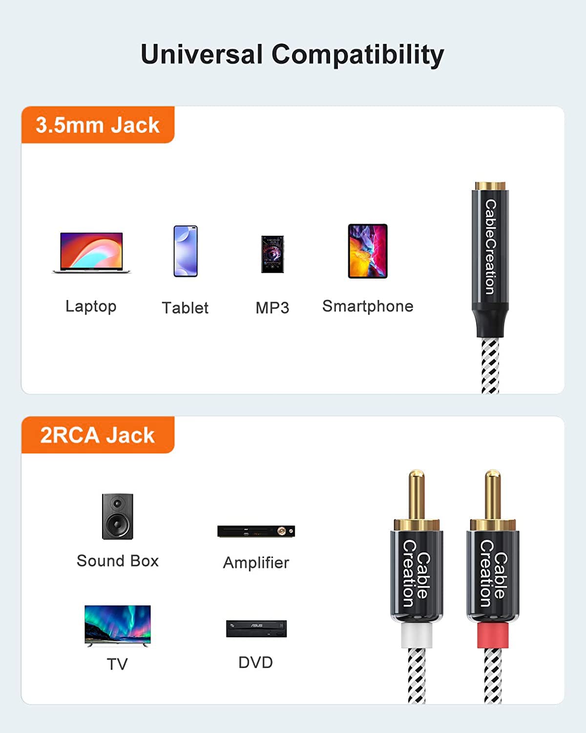 CableCreation 3.5mm to RCA Cable, 3.5mm Female to 2RCA Male Stereo Audio Cable Gold Plated for TV,Smartphones, MP3, Tablets, Speakers,Home