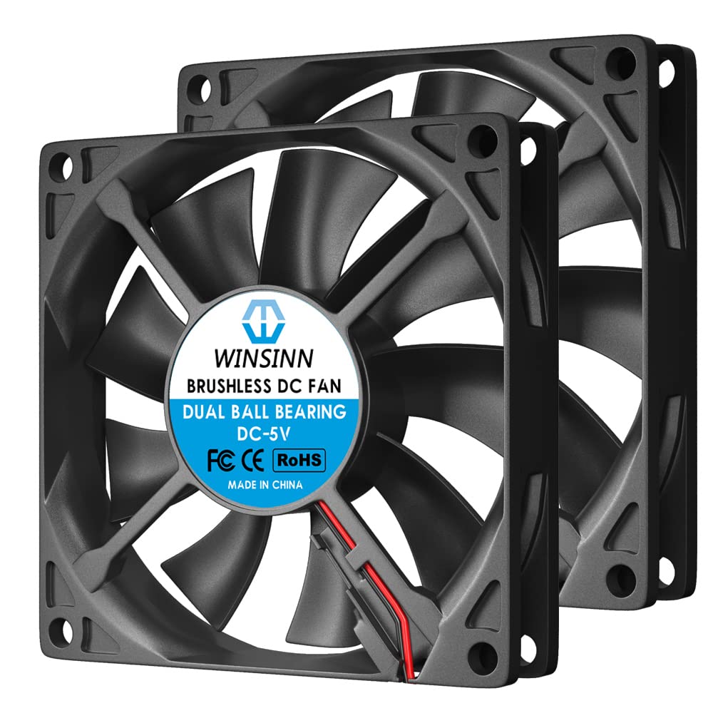 WINSINN DC 80mm Fan 5V 8015 Dual Ball Bearing Brushless Cooling 80mmx15mm 2PIN (Pack of 2Pcs)