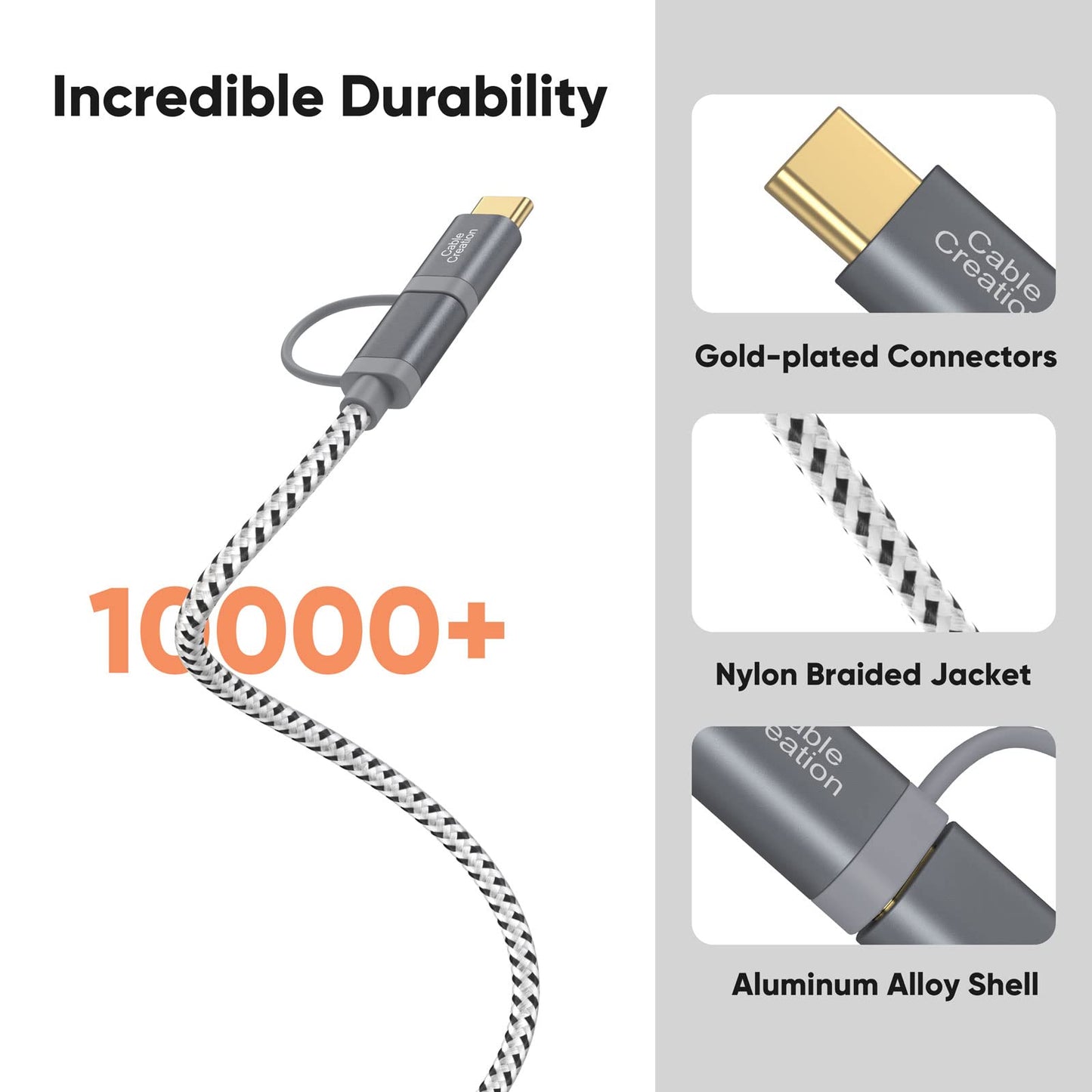 CableCreation 2 in 1 USB C Cable 0.8ft, Braided Micro USB + USB C to USB A Fast Charge Cord Compatible with Galaxy S22 Ultra Note 8, Pixel XL, Android