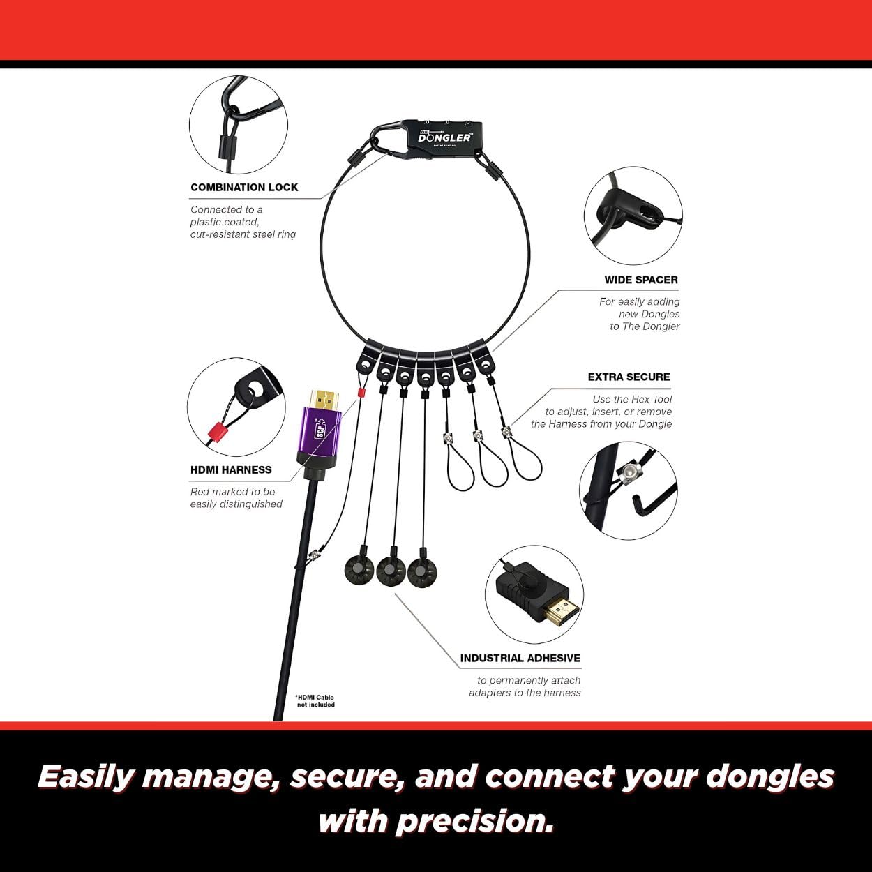 SimplyAV The Dongler Unloaded Universal Dongle & Adapter Ring Holder - Includes Combination Lock, 3 Dongle & Adapter Harnesses, 1 HDMI Harness