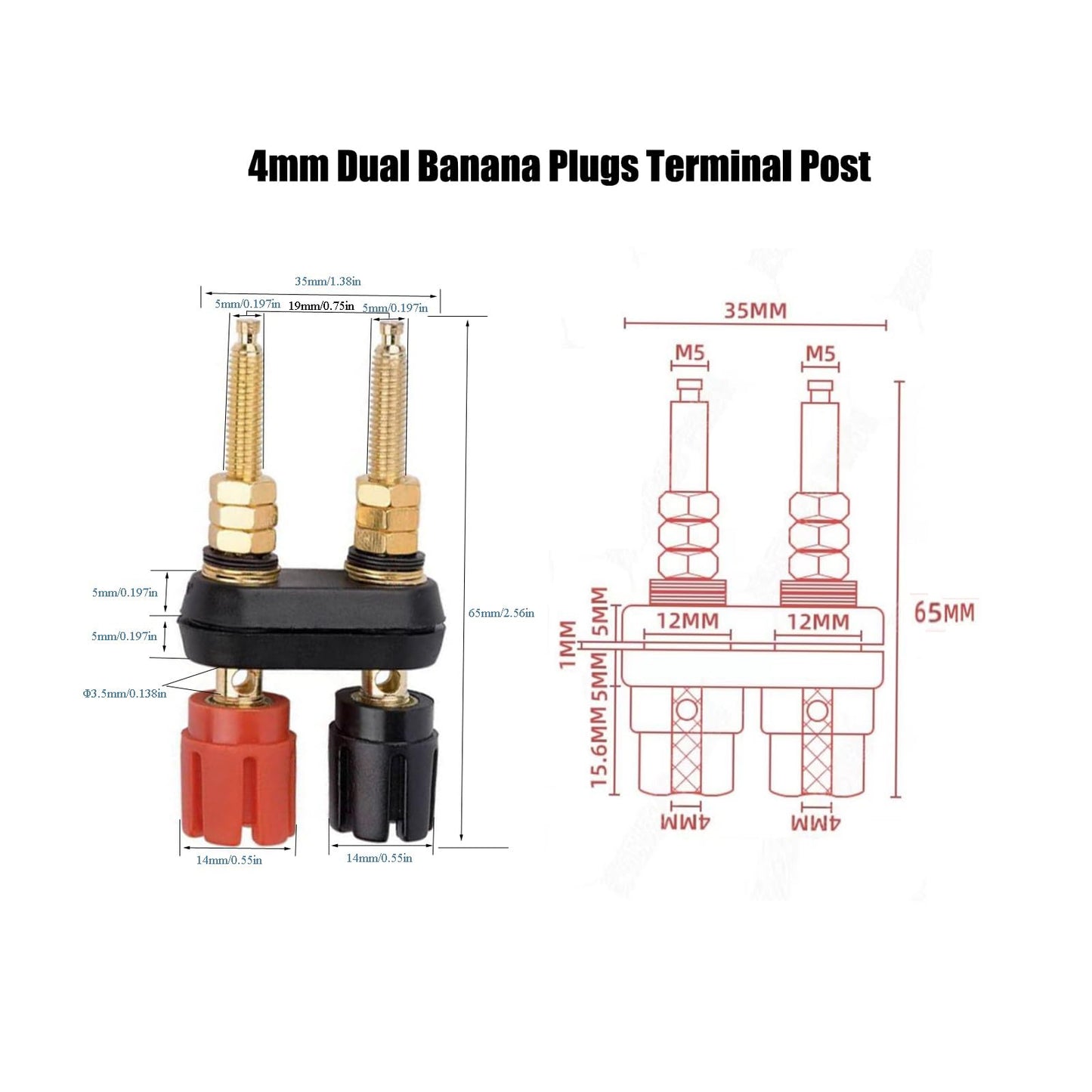 EIGHTNOO 4Pcs Banana Jack Plugs Gold Plated Long Threaded Binding Post Speaker Connectors Terminal 2 Way Dual 4mm Banana Plug Female Sockets