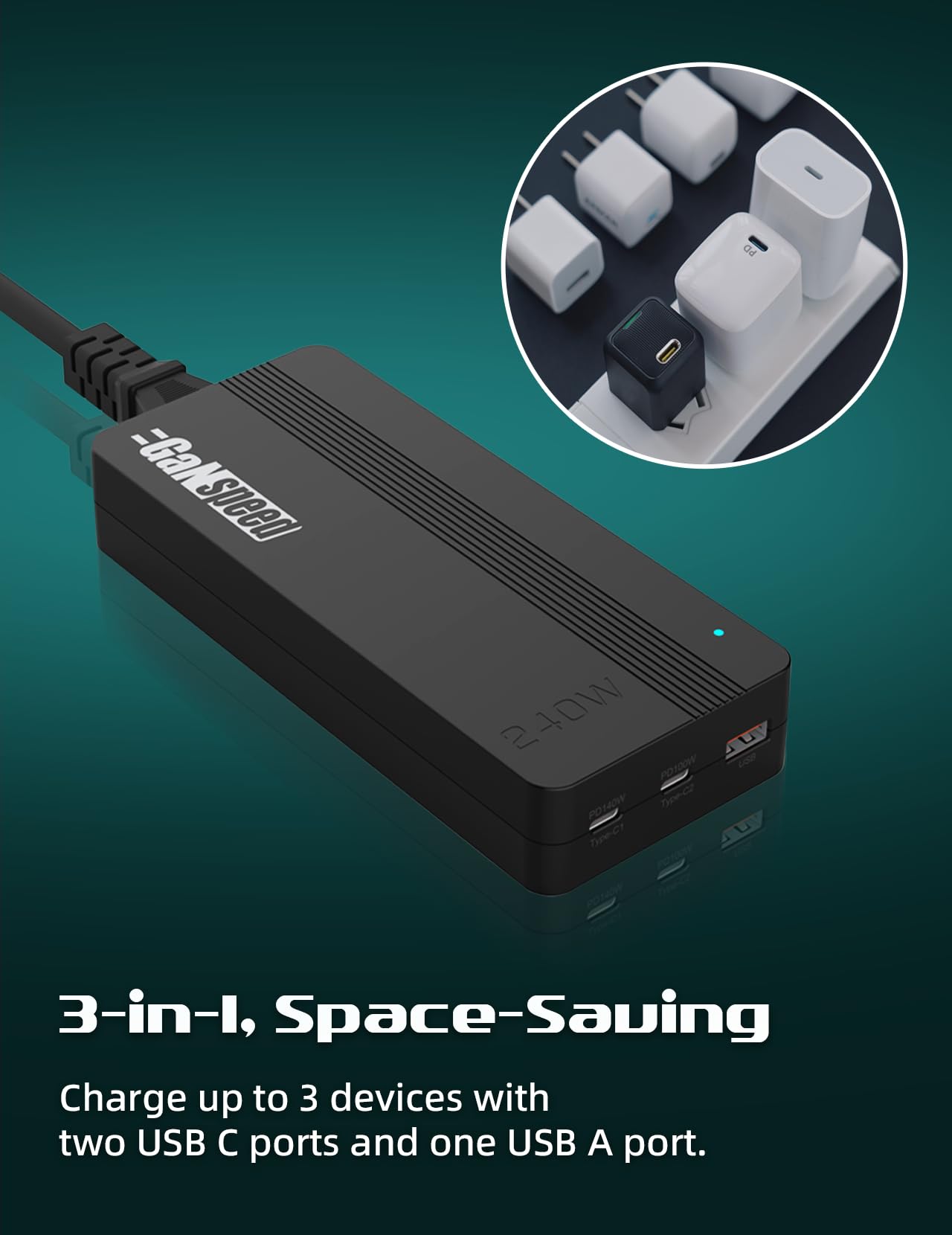 GaNspeed Portable 240W GaN PD USB C USB A Desktop Charger Adapter, 3-Port PPS Fast Charging with 3Ft Removable AC Cord for MacBook Air Pro Laptop