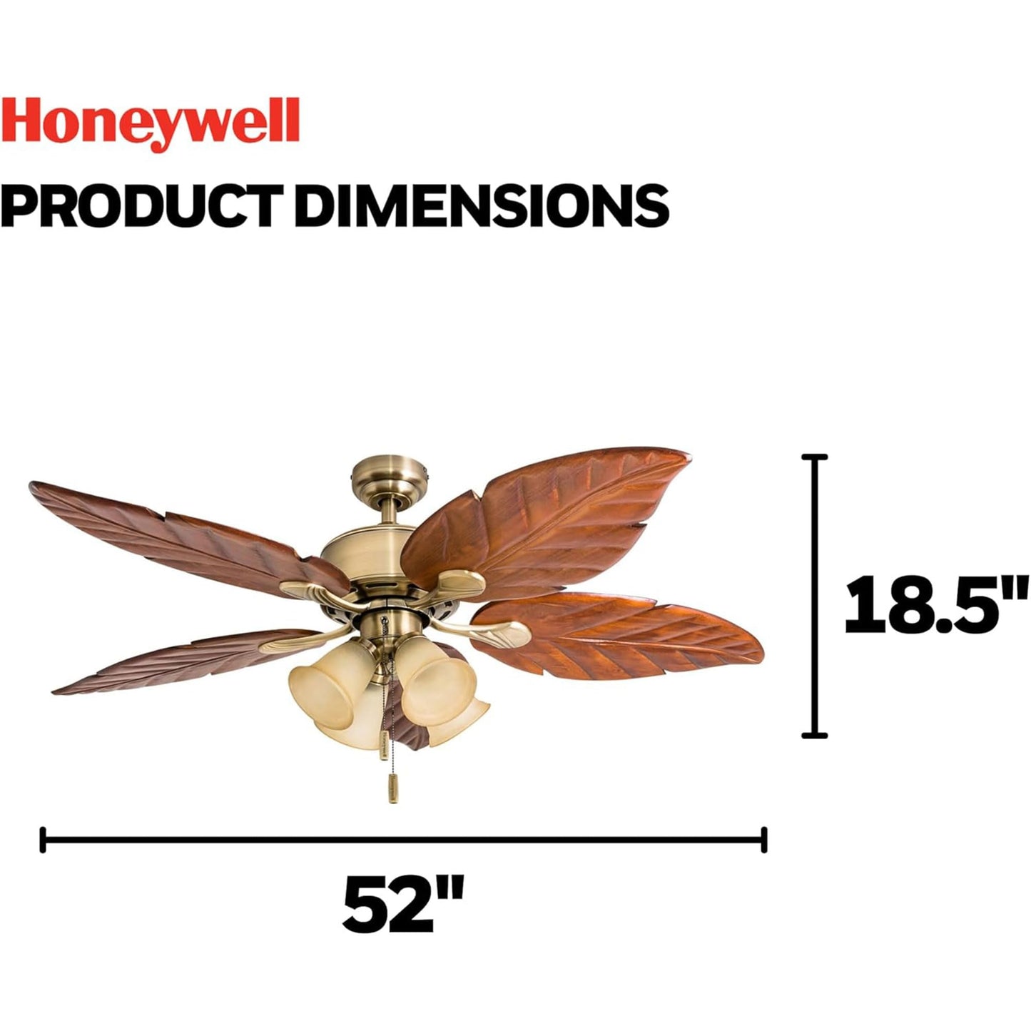 Honeywell Royal Palm 52 Inch Tropical LED Ceiling Fan, Aged Brass