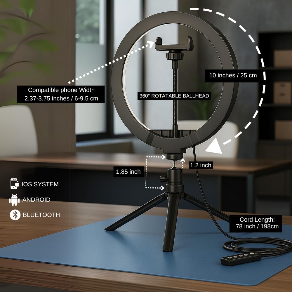 10.2" LED Ring Light for Live Streaming - Adjustable Color Modes, Phone Holder, Desktop Tripod Stand, Beauty Fill Light for TikTok, YouTube, Makeup