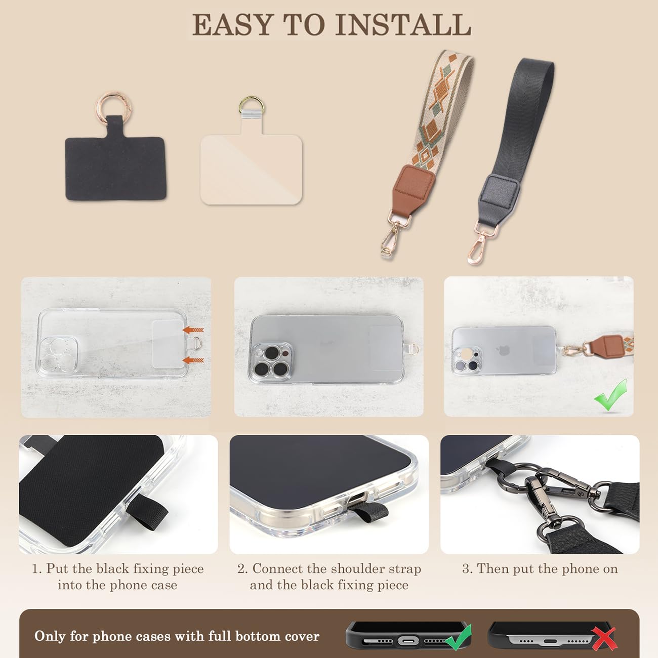 LAMOOER Phone Strap Crossbody Wrist Strap, Clip and Go Strap for Phone with Wallet, Multifunction Cell Phone Lanyards (Brown)