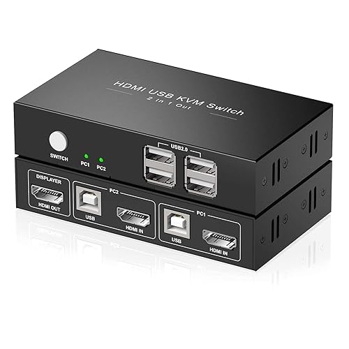HDMI KVM Switch 1 Monitors 2 Computers, USB KVM Switches Sharing 4 USB, Support Wireless Keyboard and Mouse, Powered by USB, with 2 HDMI and 2 USB