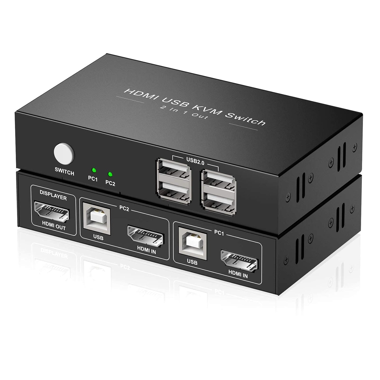 HDMI KVM Switch 1 Monitors 2 Computers, USB KVM Switches Sharing 4 USB, Support Wireless Keyboard and Mouse, Powered by USB, with 2 HDMI and 2 USB