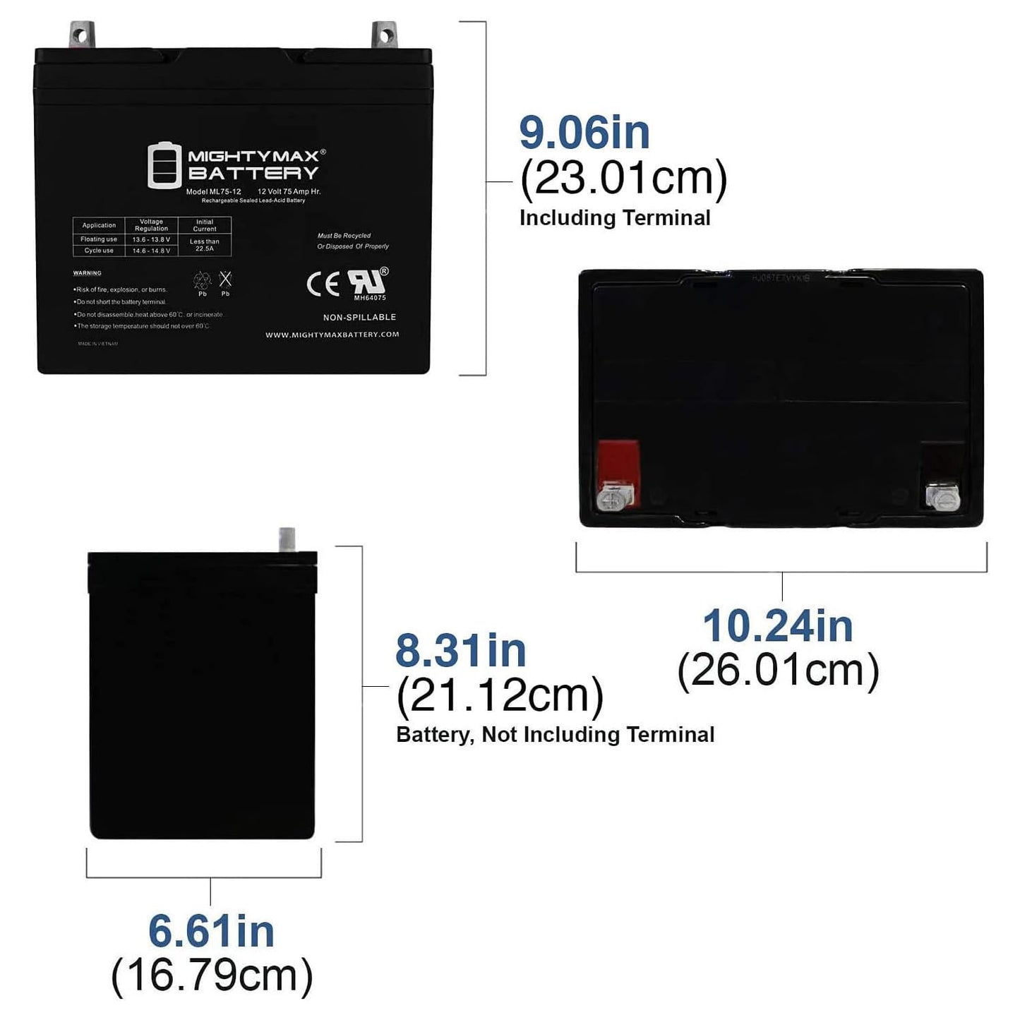 Mighty Max Battery ML75-12 - 12 Volt 75 AH, Nut and Bolt (NB) Terminal, Rechargeable SLA AGM Battery