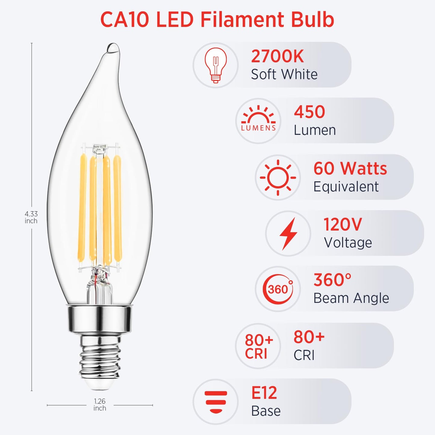 Sengled E12 Candelabra LED Bulbs Dimmable, 60W Equivalent CA10 Chandelier Light Bulbs, 2700K Soft White Candle Bulbs for Chandeliers, Ceiling Fan