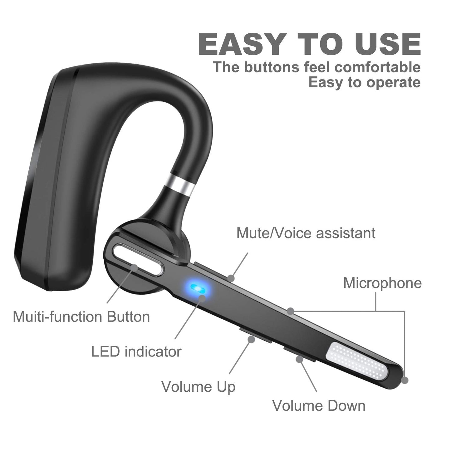 MQQC Bluetooth Headset V5.0, Wireless Bluetooth Earpiece 24Hrs HD Calling,CVC8.0 Dual Mic Noise Cancelling, Hands-Free Bluetooth Earphone