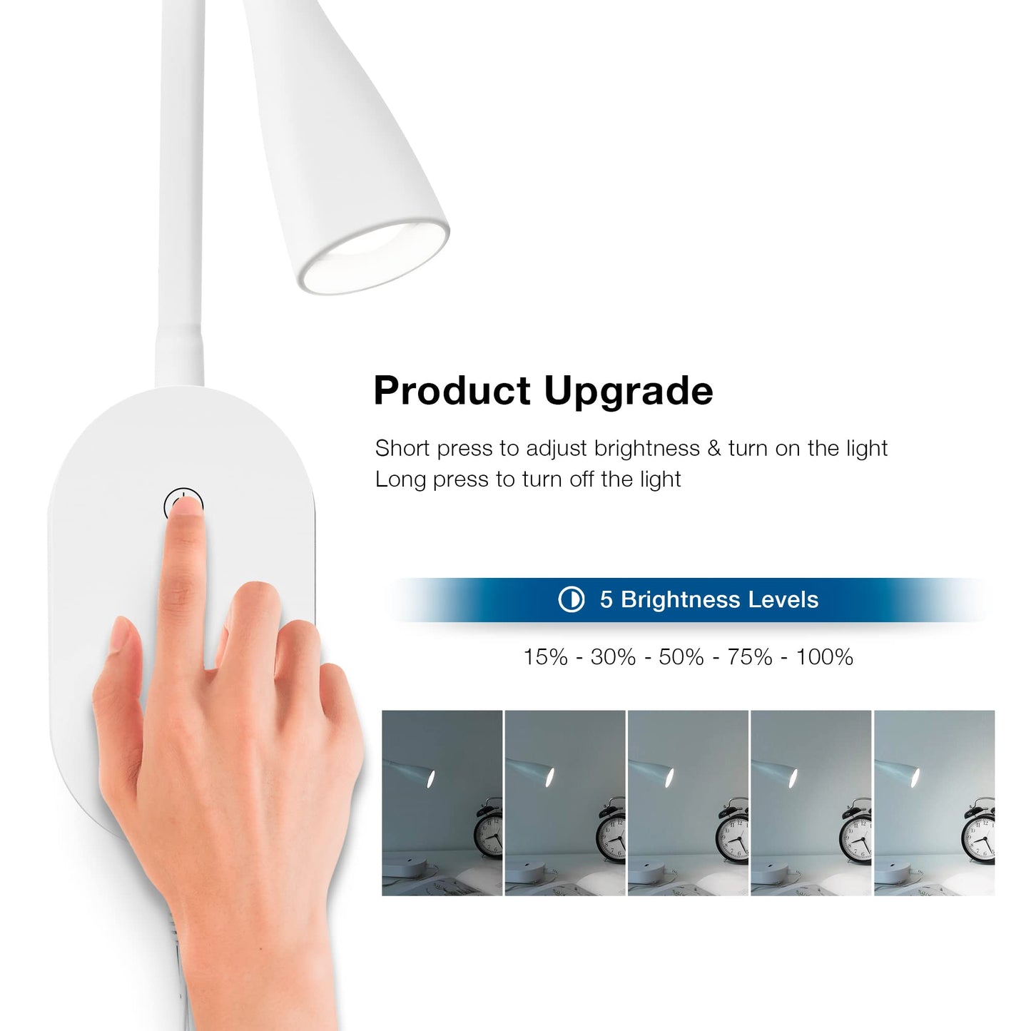TOPMB Wall Mount Reading Light, Focused Book Light for Reading in Bed, 5 Dimming, USB Output, 4 Hours Auto Off, Touch Control, Flexible Gooseneck