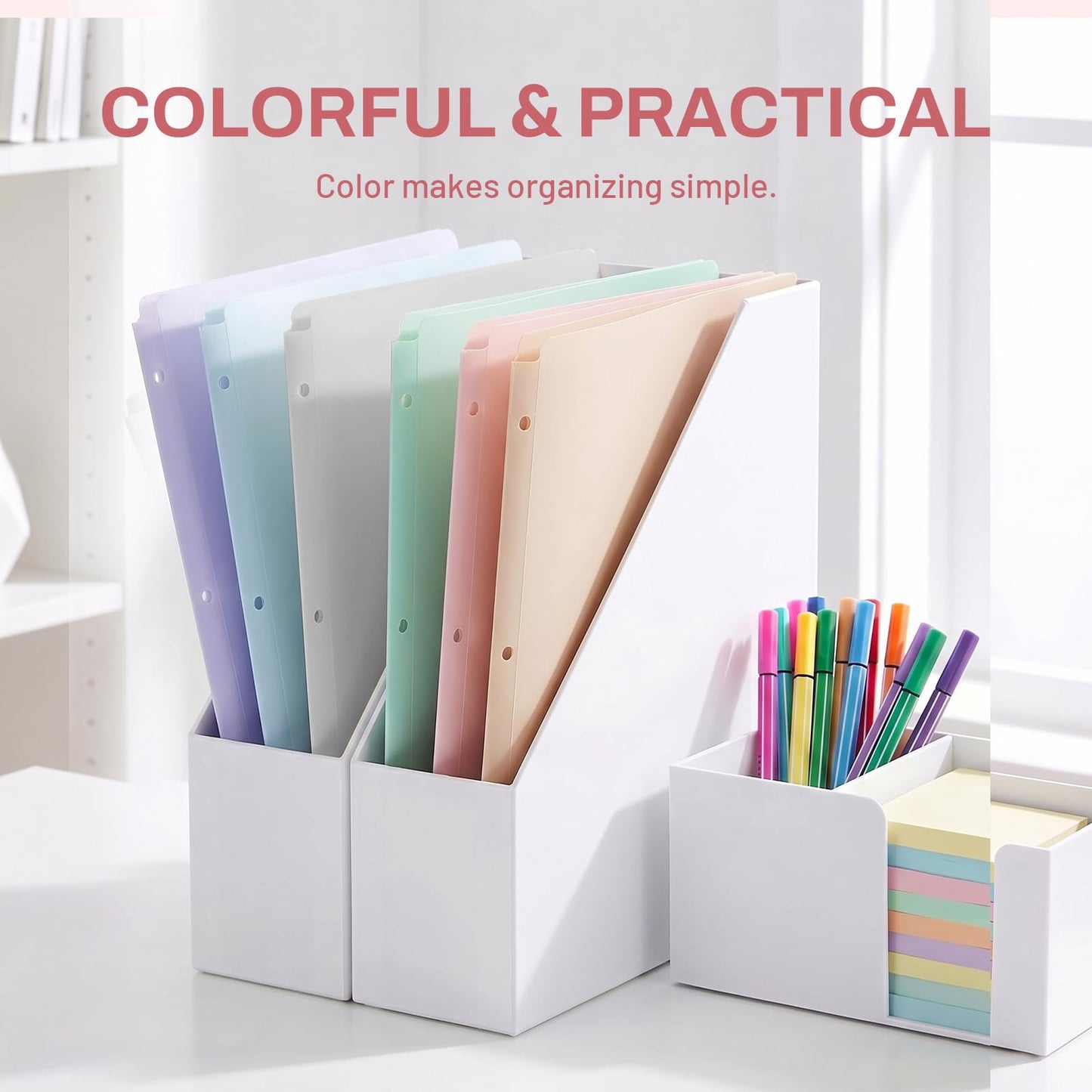 SUNEE 3 Hole Pocket Folders (12 Pack, Pastel Color) Plastic Pocket Folders for 3 Ring Binder, 3-Hole Punched Folders with Pockets, for Kids, Students