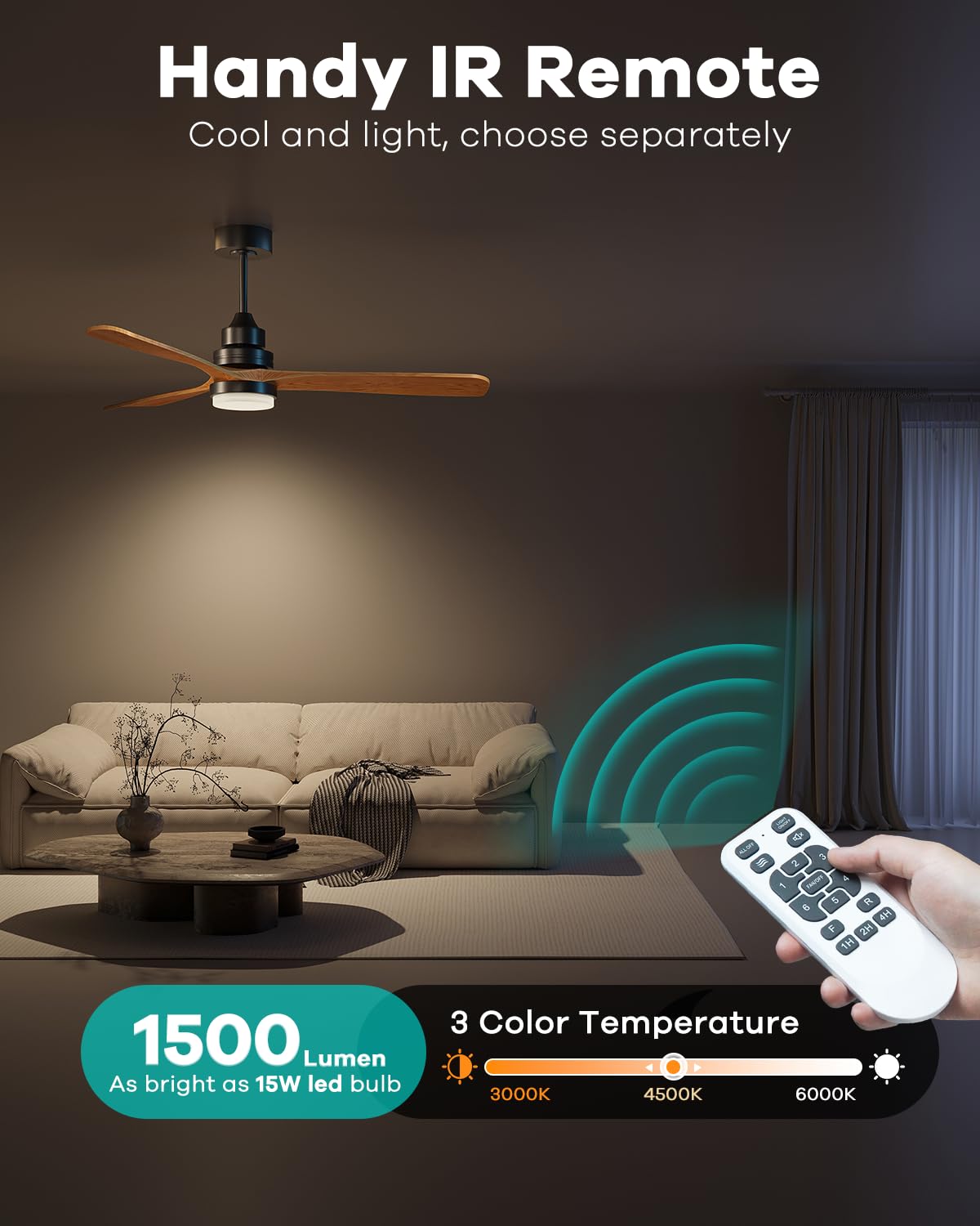 Ceiling Fans with Lights and Remote, 60 Inch 3 Blade Modern Wood Ceiling Fan with 3 Downrods, Quiet DC Motor, Outdoor Ceiling Fan for Bedroom Living