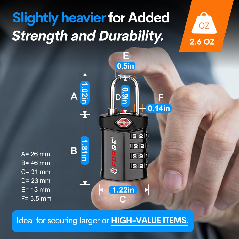 Forge TSA Approved Travel Lock – Durable Alloy Luggage Lock with Easy-Read Dials for Suitcases, Gym & School Lockers, Pelican & Gun Cases