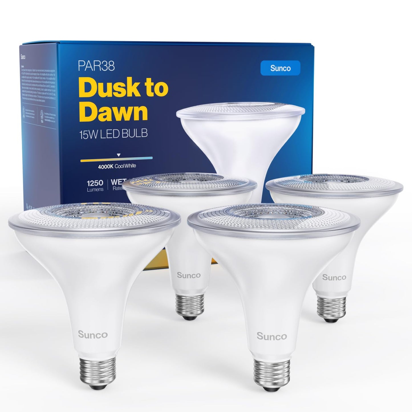 Sunco 4 Pack PAR38 LED Flood Light Bulb, Dusk to Dawn, E26, 15W=120W