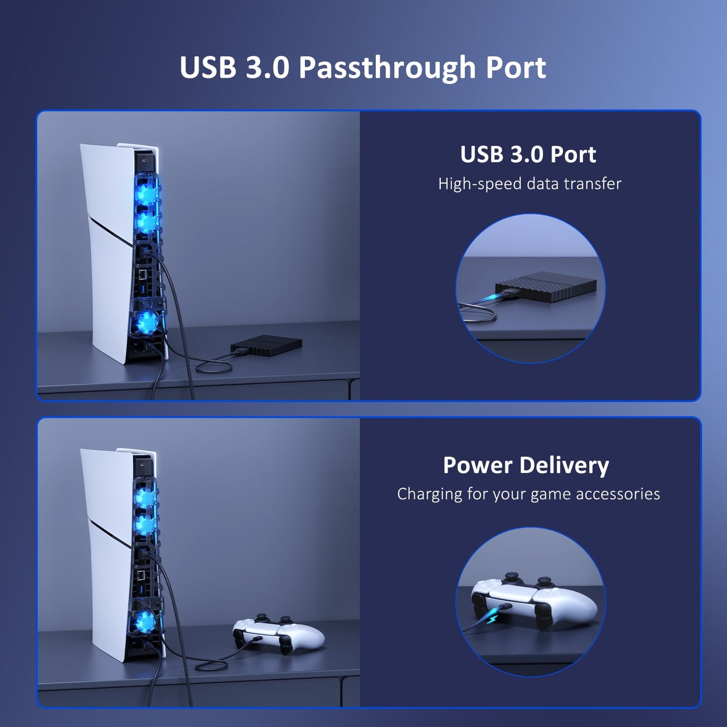 NexiGo PS5 Slim Silent Enhanced Cooling Fan with Adjustable Speed, Auto Power On/Off, with USB 3.0 Port, Efficient Cooling System for Both PS5 Slim