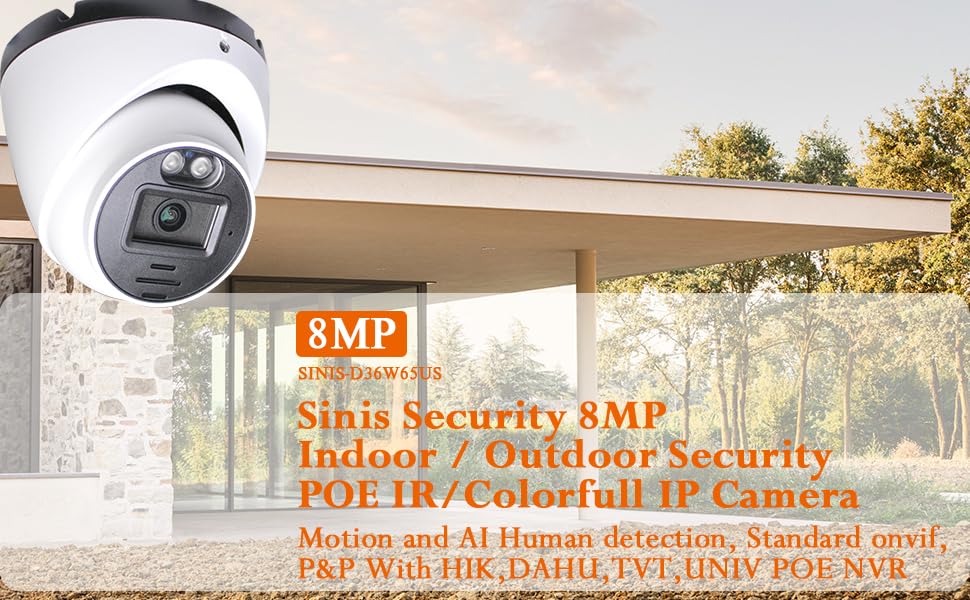 Sinis 4K PoE IP Camera, 8MP Turret Security IP Camera Outdoor Indoor Wired, AI Human Motion Detection, Smart Dual Light Color Night Vision, Built-in