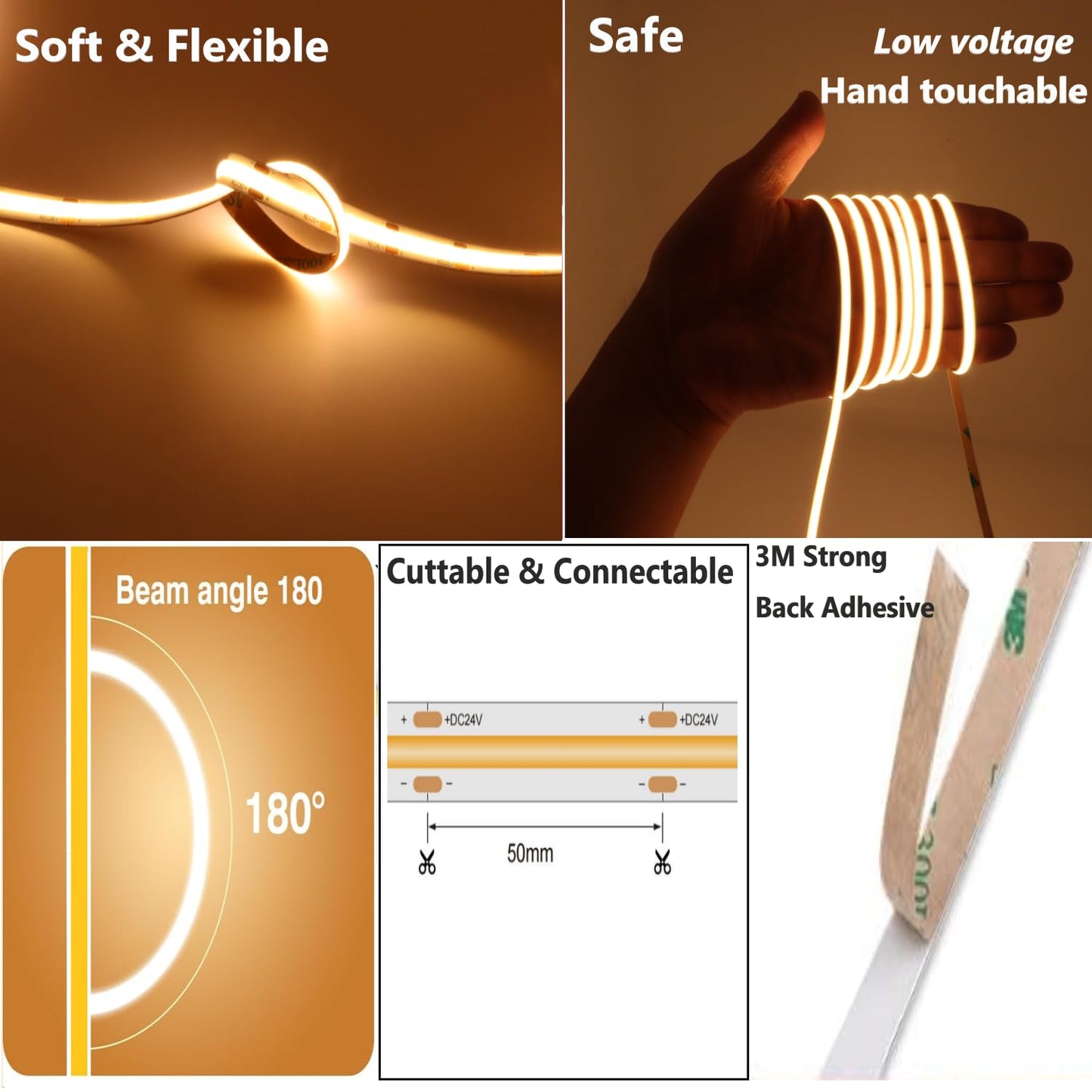 Cinlitek DC24V COB LED Strip Lights, 16.4ft Ultra High Density Tape Light, 480LED/m, 320+LM/FT, 8mm Width Dimmable LED Lighting for Indoor Home