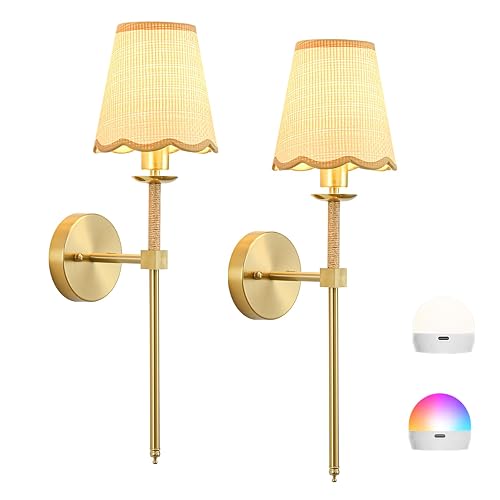 KernLite Boho Battery Operated Wall Sconce Set of 2, Gold Wireless Rechargeable Wall Lights with Rattan Shade, 12 RGB and 3CCT Dimmable Cordless Wall