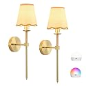 KernLite Boho Battery Operated Wall Sconce Set of 2, Gold Wireless Rechargeable Wall Lights with Rattan Shade, 12 RGB and 3CCT Dimmable Cordless Wall