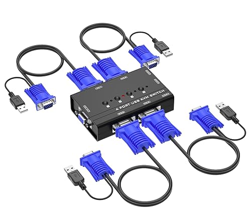 VGA KVM Switch, Yinker 4 Port USB VGA KVM Switch w/4 KVM Cables & 3 USB Hubs for 4 Computers Share One Monitor Keyboard Mouse