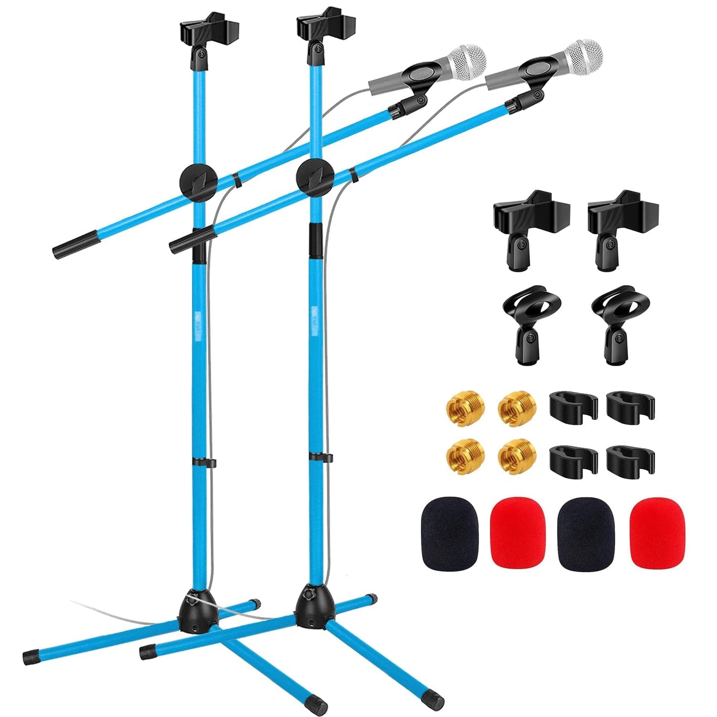 5 Core Mic Stand Floor 2Pc Adjustable Dual Tripod Microphone Stands Holds 2 Mics w Extending Telescoping Boom Arm - MS DBL 2Pk (MS DBL G SKY BLU, 2