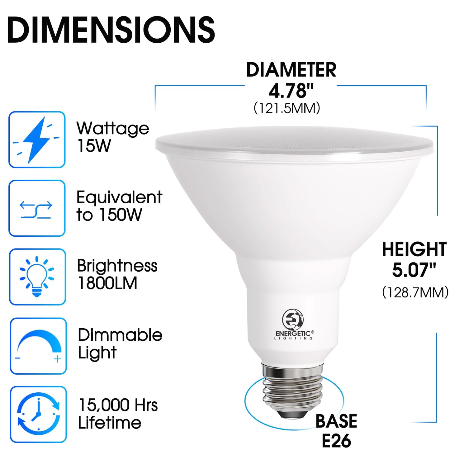 Energetic LED Flood PAR38 Light Bulb, 1800 Lumen, 3000K Warm White, 150W Equivalent, Efficient 15W, Wet Rated, Medium Base, Dimmable, 2 Pack,