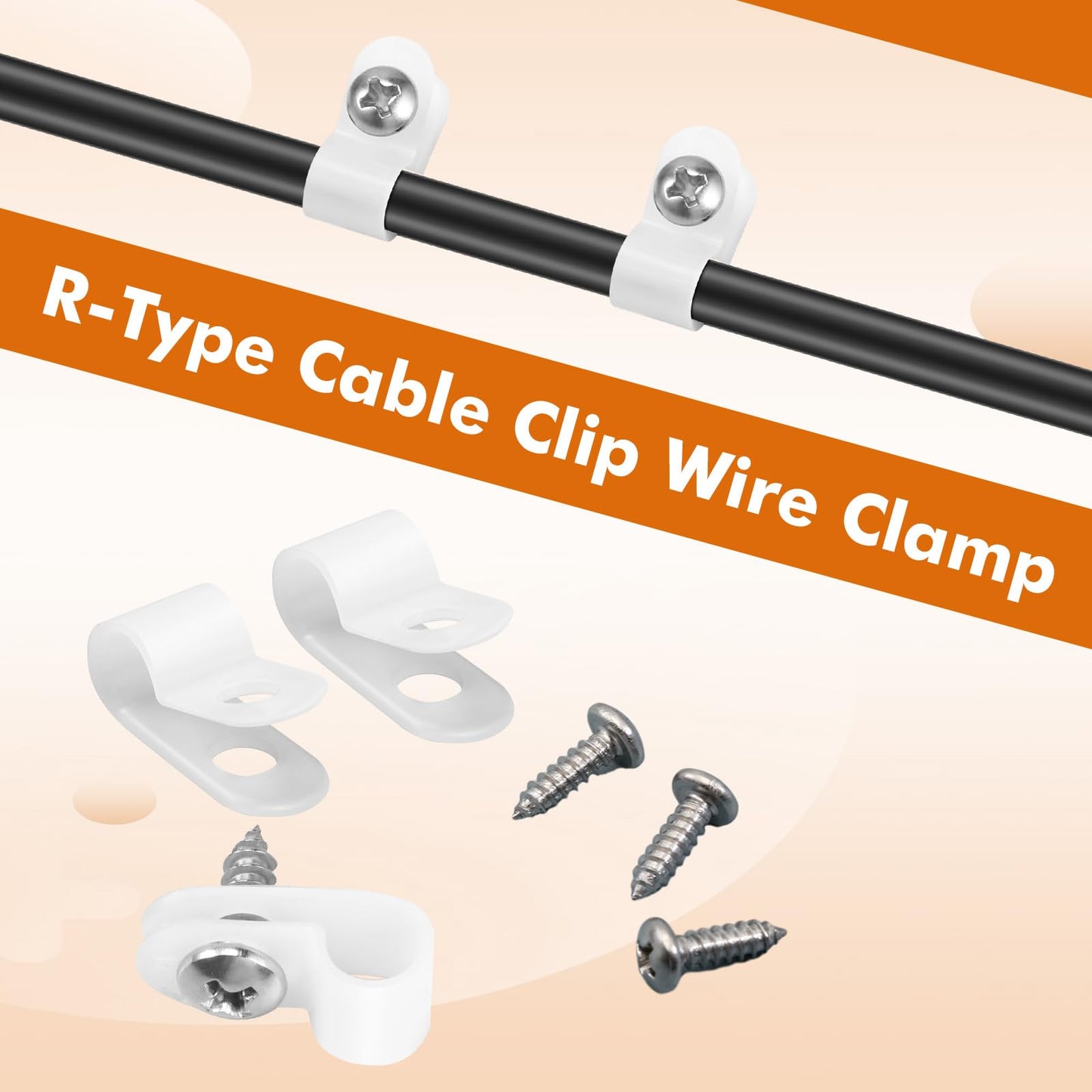 Hicarer 100 Pcs R-Type Cable Clips, 1/4" Wire Cable Clamp, Christmas Light Clips, with Screws for Wire Management, White