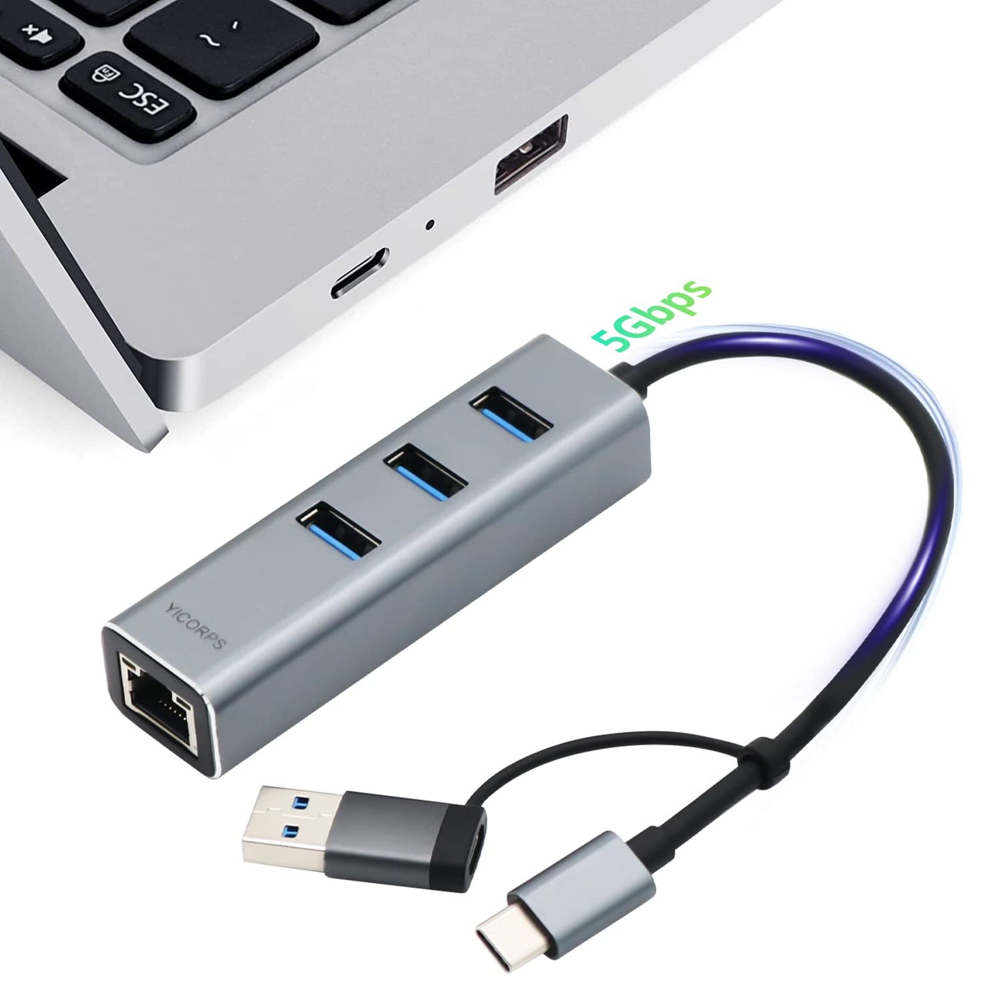 USB C to Ethernet Adapter YICORPS 3 Port USB 3.0 Expander Hub to RJ45 LAN with Gigabit Ethernet LAN Adapter for MacBook/Windows 10/8.1/Surface