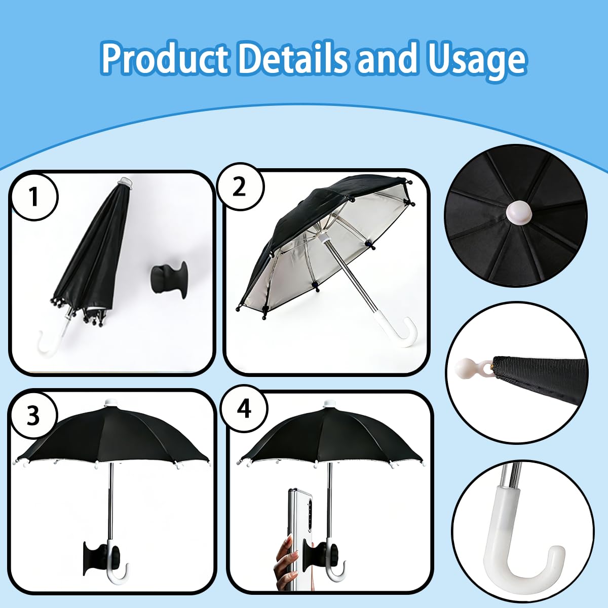 Cococheers Willorana Cell Phone Umbrella for UV Protection, 6 Sets Phone Umbrellas with Hand Style Suction Cup Adjustable for Beach Holiday