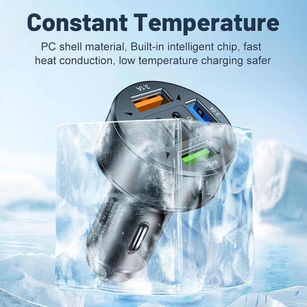 5 in 1 Multi Port USB C Car Phone Charger Adapter with Voltage, 100W Super Fast Charging Car Cigarette Lighter USB Charger for iPhone 16 15 14 13 12