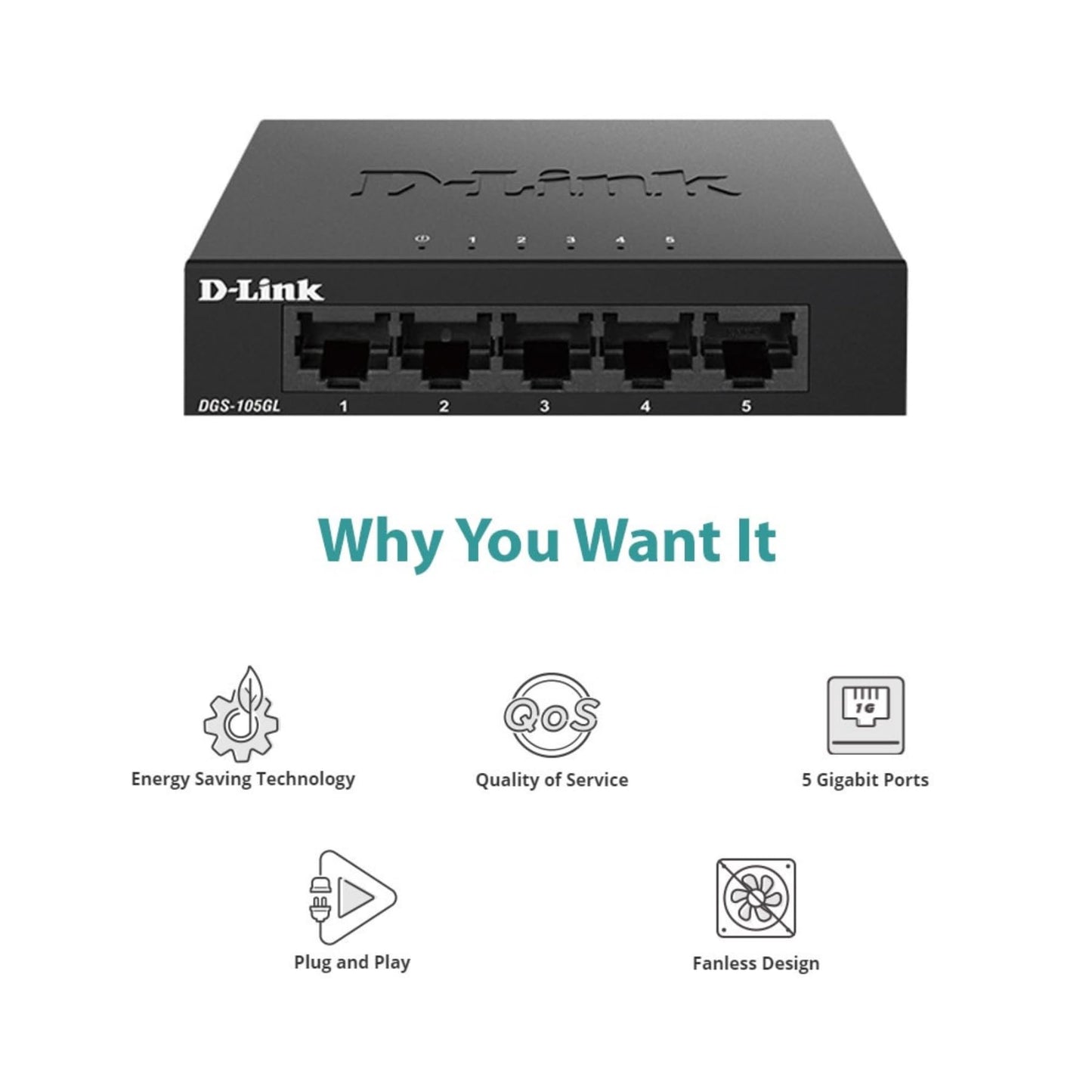 D-Link Ethernet Switch, 5 Port Gigabit Unmanaged Desktop Plug and Play Sturdy Metal Housing Fanless Design EEE (DGS-105GL-V2)