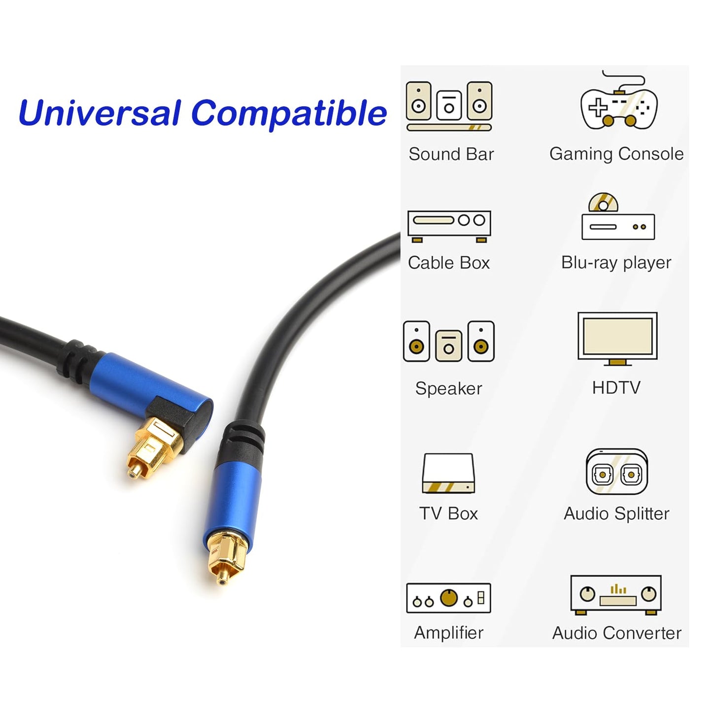 90 Degree 360 Degree Free-Rotating Plug Toslink Cable Digital Fiber Optic Audio Cable for TV, Home Theater, Projector, Stereo System, Active Speaker