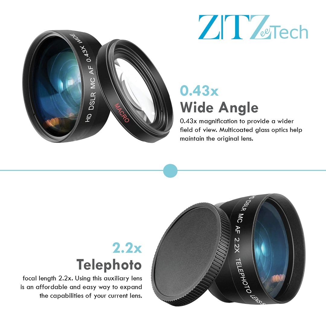 ZeeTech 49mm Accessory Bundle for Canon EOS: R50, R100, M5, M6 Mark II, M6, R10, R7 + Wide Angle + Telephoto Lens + 4 Pieces Close-Up Lens Filter Kit