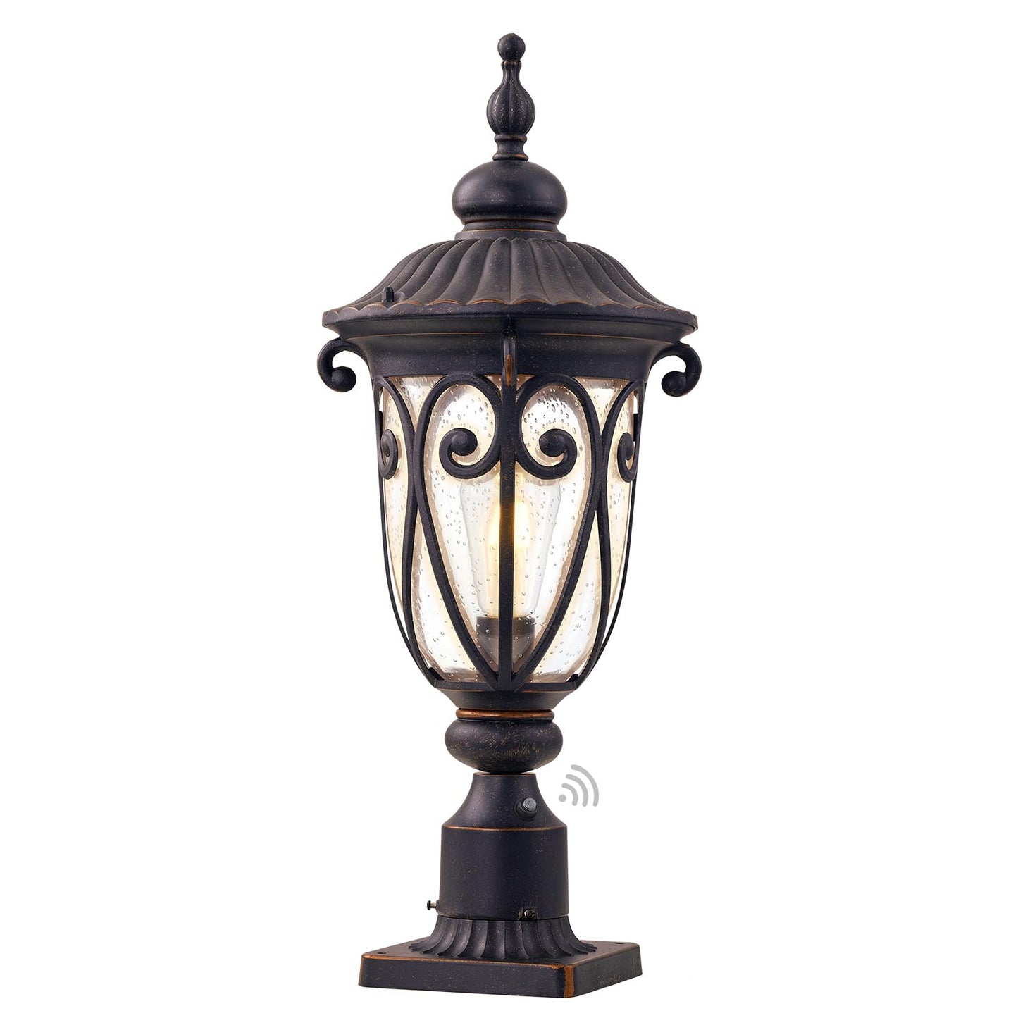 GOALPLUS 24 Inch High Outdoor Post Light Fixture with Dusk to Dawn Sensor, Bronze Post Lantern with Pier Mount, Exterior Pole Lighting with Seeded