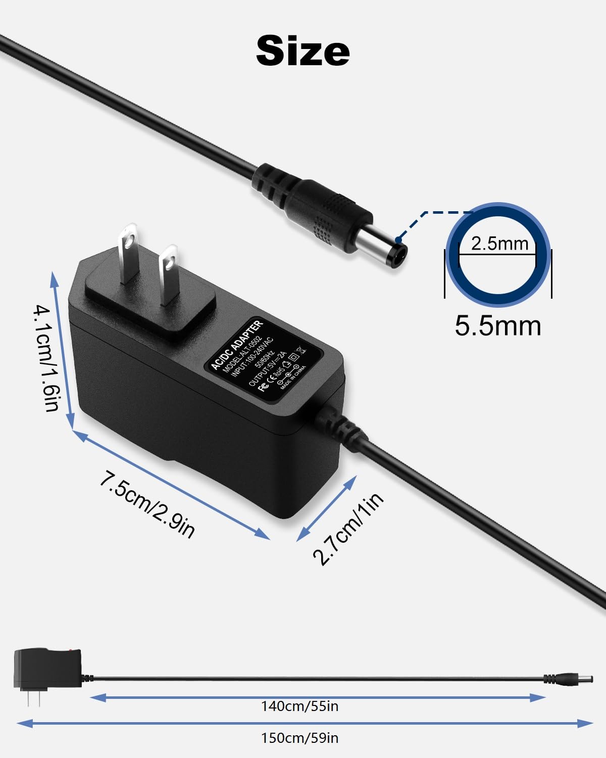 5V 2A 10W DC Power Supply Adapter, AC 100-240V 50-60Hz to 5 Volt 2 Amp Transformer, DC 5V Power Cord with 【5.5mm x 2.5mm Barrel Plug】