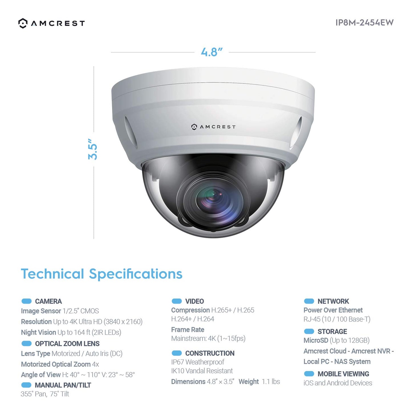 Amcrest UltraHD 4K Varifocal PoE Dome Outdoor Security Camera, 4K (8-Megapixel) 3840x2160P, 164ft Night Vision, 4X Optical Zoom, Motorized Varifocal
