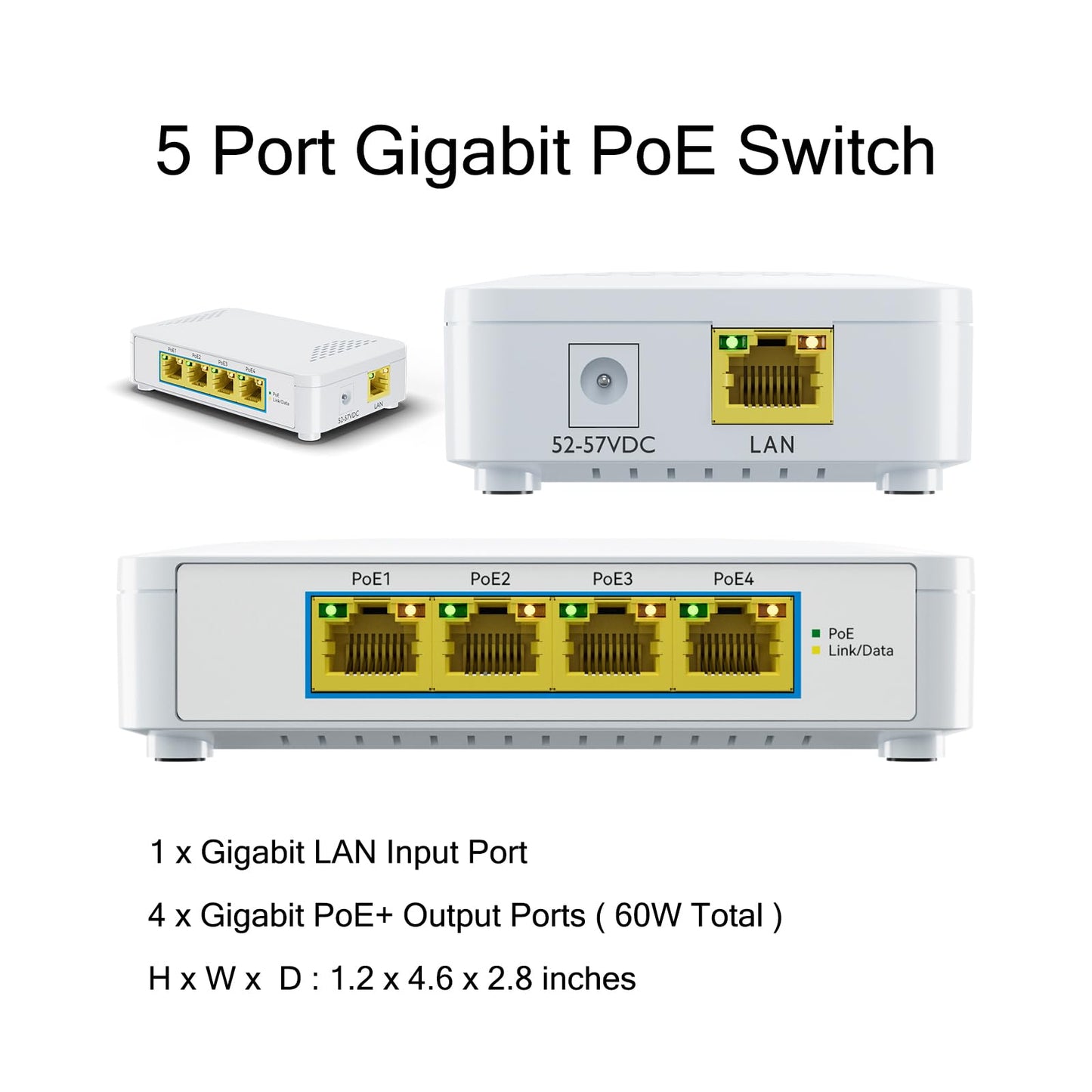 5 Port Gigabit PoE Switch - 4 PoE+ Ports, 60W Total, Plug and Play, Small Desktop Switch for Camera/Access Point/IP Phones