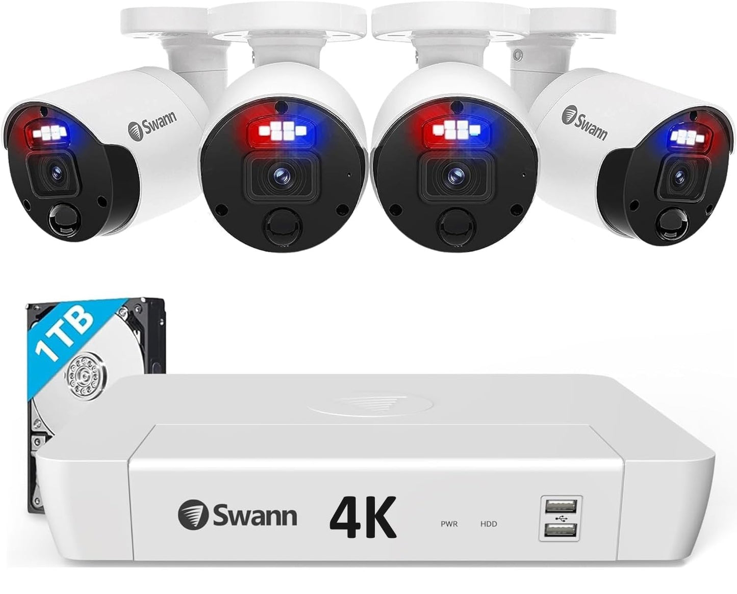 Swann Pro 4K Ultra HD, 8 Channel Security System, 1TB NVR, 4 Bullet PoE IP Cameras Outdoor, Wired Surveillance CCTV, Heat Motion Vehicle Detection