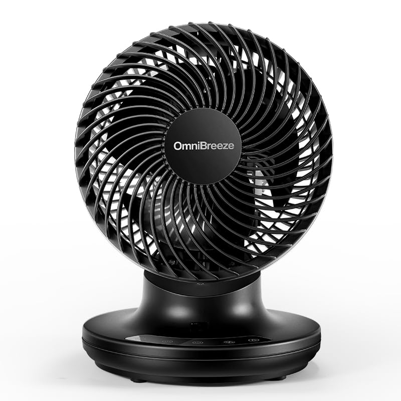 OmniBreeze 6 Inch Black Table Fan for Bedroom, Desk Air Circulator Fan with Remote, 85° Vertical+60° Automatic Oscillating Fan, 5 Speeds, 7H Timer