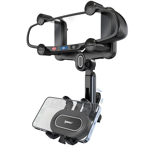 IPOW Large Rearview Mirror Phone Holder for Car 360°Rotatable and Retractable, 2024 Upgraded Four Corners Fixed Anti-Shake Multifunctional Design