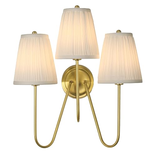 Electro bp; Elegant Triple Sconce Polished Gold Curved Metal Arm with Warm White Pleated Fabric Lamp Shades Brocade Cover Wall Light Fixture,E12,3