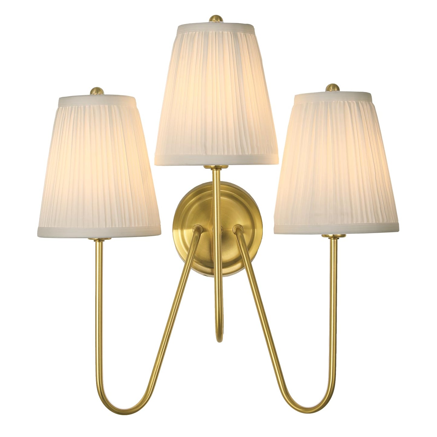 Electro bp; Elegant Triple Sconce Polished Gold Curved Metal Arm with Warm White Pleated Fabric Lamp Shades Brocade Cover Wall Light Fixture,E12,3