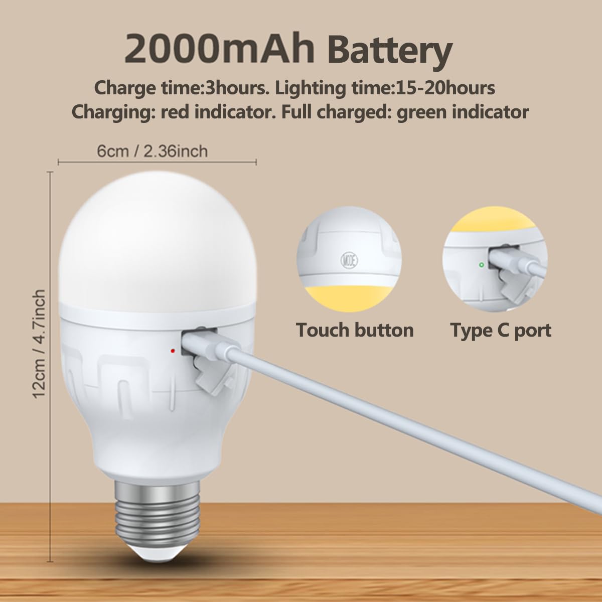 ABZXT E26 Auto Charge Light Bulb with Battery Backup Bulb,Timer for Sconces and Lamps, E26 and USB Charging for Non-Hardwired Fixture, 3 Color