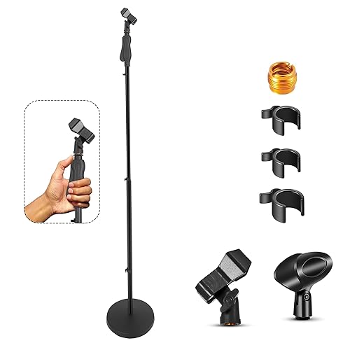 5 Core Microphone Stand Universal Floor Height Adjustable 35 to 57" Round Base Quick Setting Lock-Tight Knob w 5/8 Thread Adapter 2 Mic Holder 3 Wire