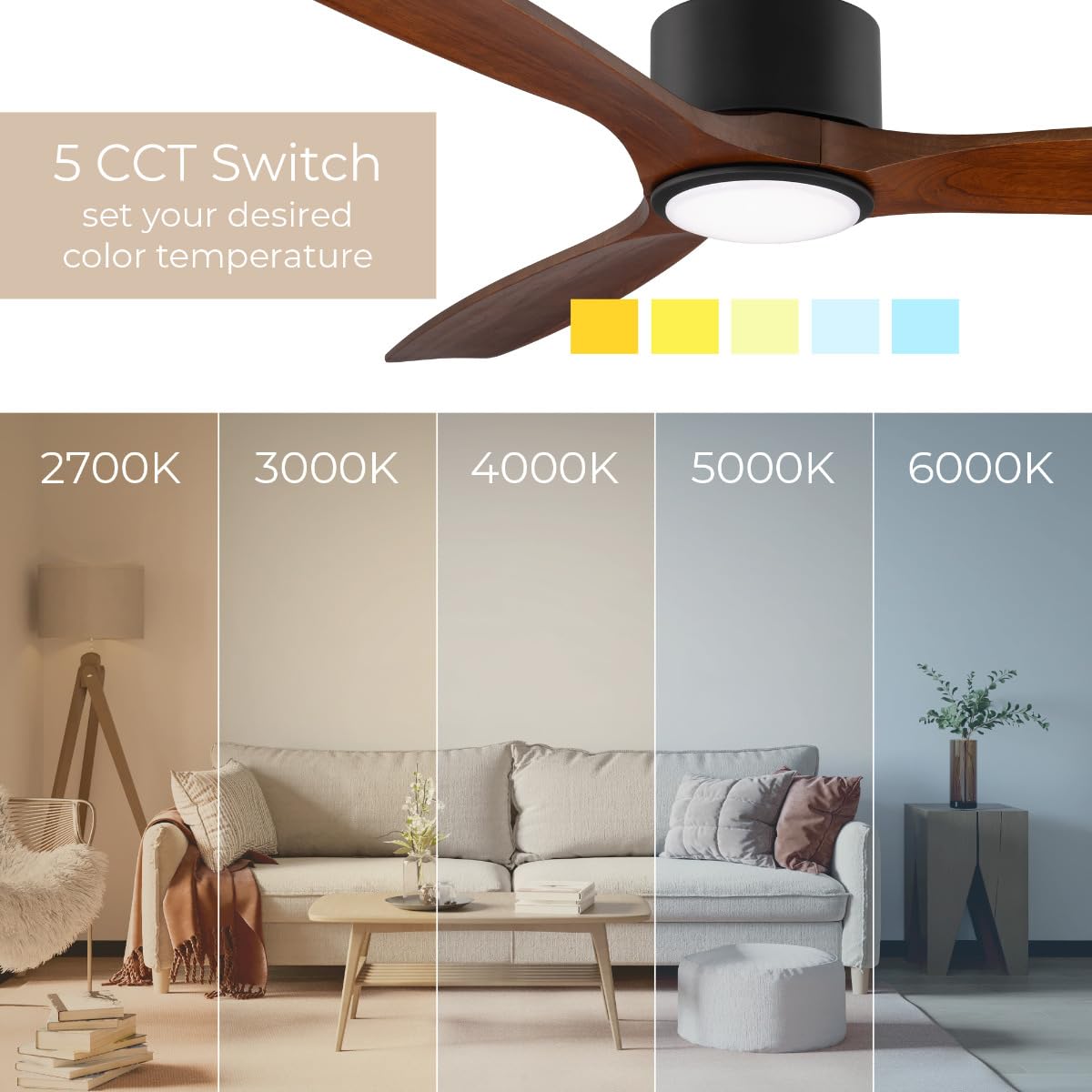 East Grove Home Madera 52in 3-Blade Smart Indoor or Outdoor Ceiling Fan 2700K-6000K CCT Tunable Range LED Light Kit in Matte Black with Distressed Koa