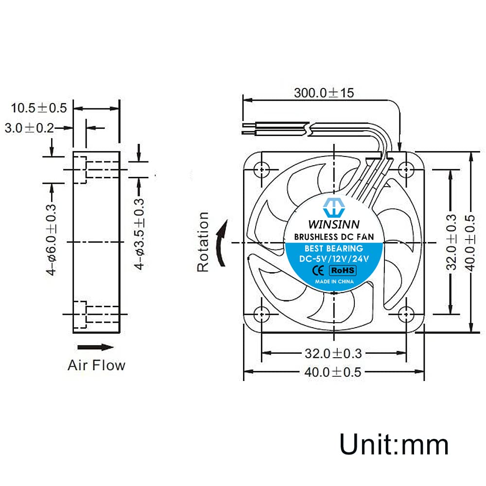 WINSINN 40mm 5V Fan - Dual Ball Bearing 5000 RPM 4010 Cooling Fan Replacement for DVR/Small Appliances/Electronics, 30cm Cable with XH2.54-2PIN