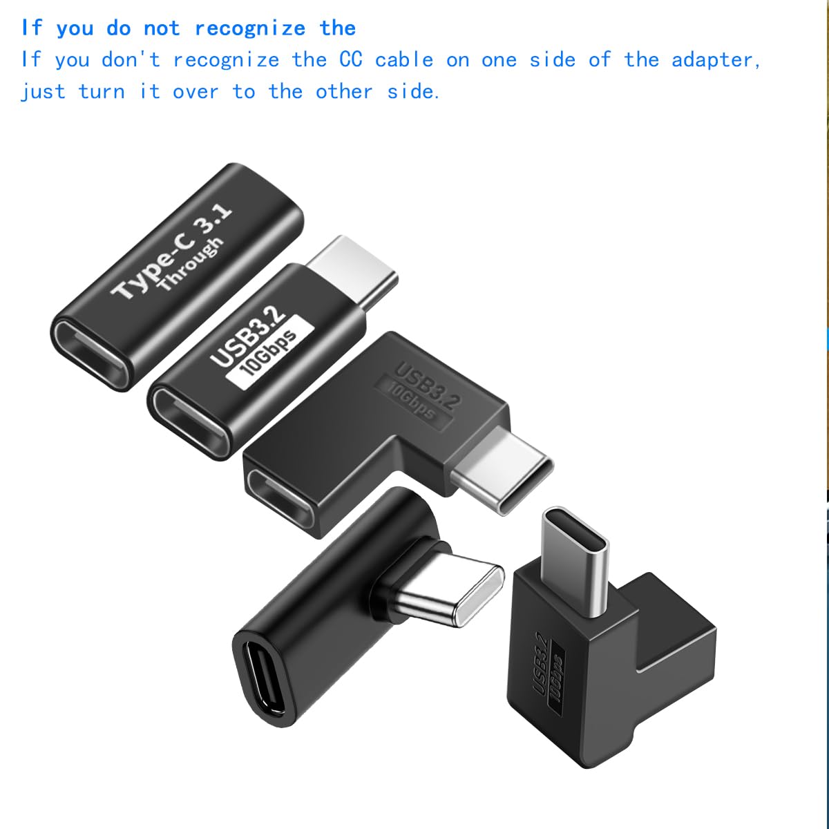 USB Type-C Adapter Set, 5-Pack, Female to Male Connector Kit, USB 3.2 10Gbps, Black